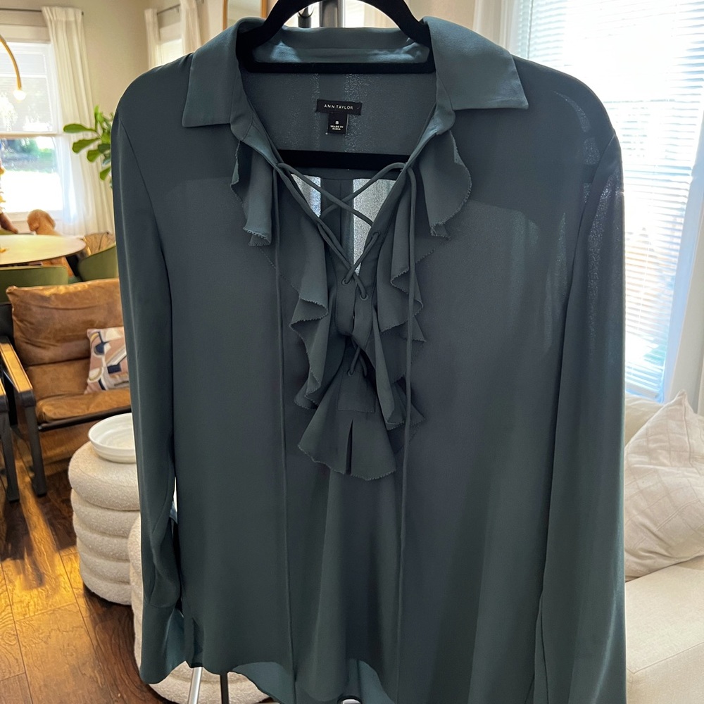 Deep green/blue ruffle neck Ann Taylor top